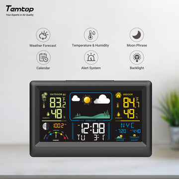 Temtop W100 Weather Station Multifunctional Weather Station with Indoor/Outdoor Temperature, Humidity, Atmospheric Pressure, Weather Forecast, Moon Phase, and Alarm Features